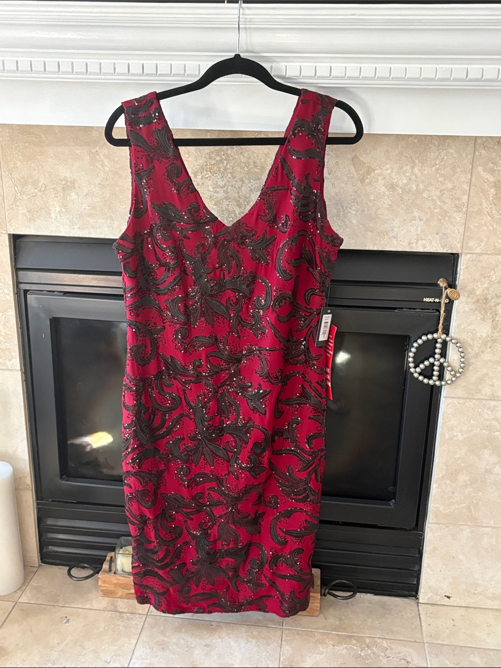 MARINA Red Sleeveless V-Neck Beaded Midi Dress